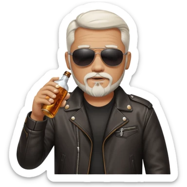 Un motero de perilla blanca tipo Quijote, gafas oscuras chupa de cuero y bebiendo de una botella de Jack Daniel's. sticker