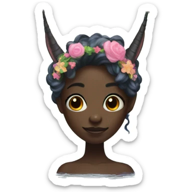 generate a dark-skinned fairy with a unicorn horn who circles the water with a flower wreath sticker