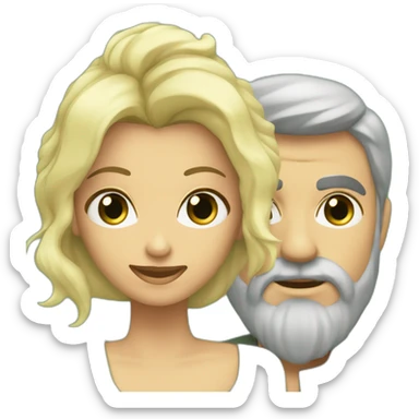 Mujer rubia con pelo ondulado y ojos verdes junto a hombre de pelo y barba gris y ojos verdes sticker