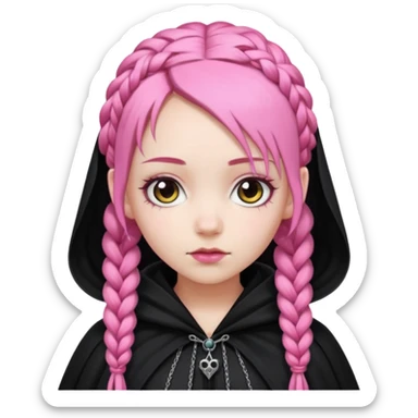 pink braids hair kid girl, white skin, wear black cloak sticker