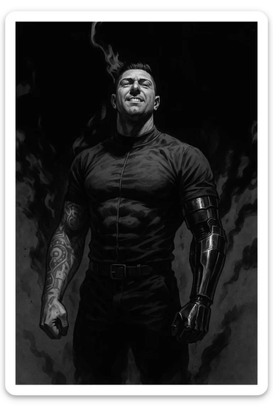 Black and white comic book panel of an extremely muscular African American man with cybernetic implants standing in the dark, surrounded by smoke. He is wearing a long-sleeved shirt with a high collar, and his chest is sculpted. sticker