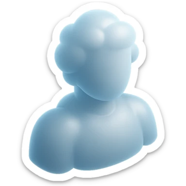person made entirely of white fluffy convex clouds with a slight blue tint, shoulders up, front view, matte glass style, no background sticker