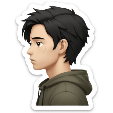 A dark anime-style illustration of a young man in side profile, facing left, with messy black hair tied loosely, sharp jawline and tired eyes. He wears an oversized dark hoodie with muted earthy tones. His expression is calm but emotionally heavy, showing silent pain and inner conflict.

 sticker