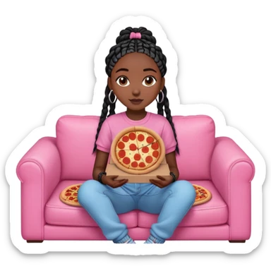 A dark skinned black girl with black box braids with a pizza box, on a pink couch in comfy outfit sticker
