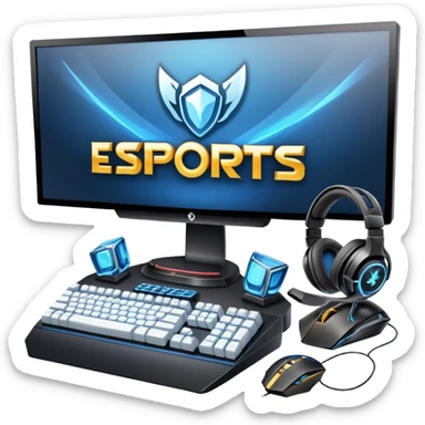 An icon featuring a gaming setup with a high-tech monitor displaying a competitive game, a keyboard, and a gaming mouse. The design includes a headset and a trophy, symbolizing victory and skill in esports. Transparent background highlights the energy and precision of professional gaming. sticker