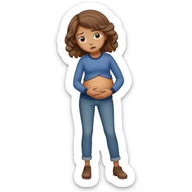Girl with curled brown medium length hair with stomach ache full body and dully clothed sticker