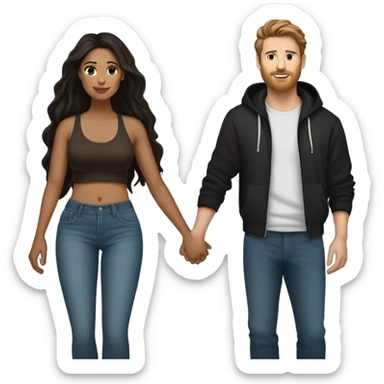 latina woman with very dark brown hair wearing baggy jeans and a crop top with hooped earrings holding hands with a caucasian man with spiky brown hair wearing a black hoodie with baggy jeans sticker