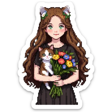 A cool girl with long brown hair and fair skin tilts her head and holds a bouquet of flowers and a cat sticker