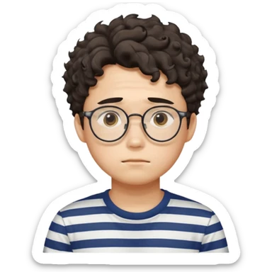  Korean male college student with a worried face , glasses with a bit curly hair, stripe t-shirt sticker
