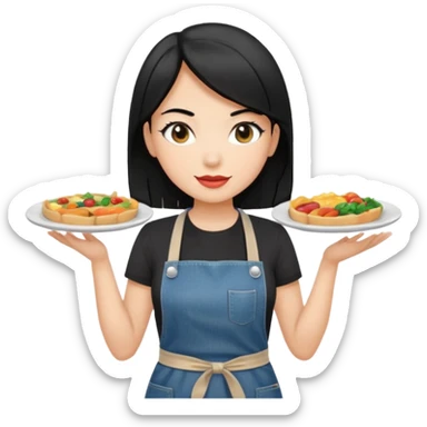 waitress with black hair and a food plate with a black tshirt and ª jeans apron sticker