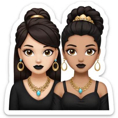 Boujy baddie best friends, trendy heavy makeup both dark hair one light skinned and one mocha brown pretty hair style both wearing black and earrings and necklace  sticker