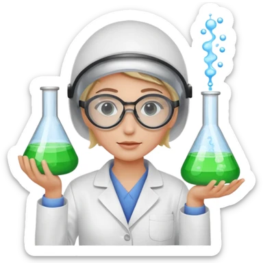 A person wearing safety goggles and a white coat is experimenting with chemicals. sticker