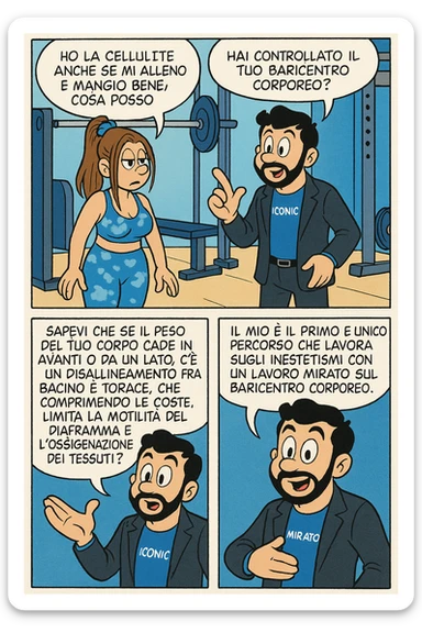 TRASFORMA QUESTO CAROSELLO IN UN FUMETTO STILE FUMETTO TOPOLINO CON QUESTE DUE PERSONE IDENTICHE CHE INTERLOQUISCONO TRA LORO:

LEI: Ho la cellulite anche se mi alleno e mangio bene, cosa posso fare?

LUI: Hai controllato il tuo baricentro corporeo?
LUI: Sapevi che se il peso del tuo corpo cade in avanti o da un lato, c’è un disallineamento fra bacino e torace, che comprimendo le coste, limita la motilità del diaframma e l’ossigenazione dei tessuti?
LUI: Il mio è il primo e unico percorso che lavora sugli inestetismi con un lavoro mirato sul baricentro corporeo. sticker