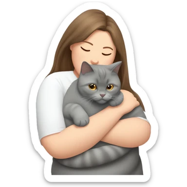 fat British shorthair grey cat hugging long brown hair white woman sticker