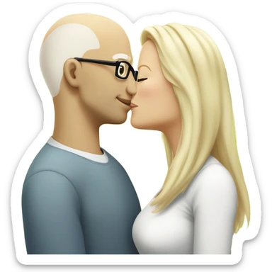 Clean shaven white Bald man wearing glasses kissing a white blonde woman with long hair sticker