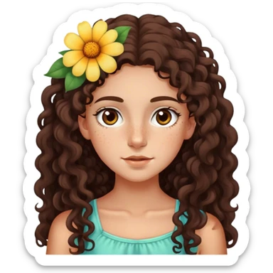 White teenage girl with long dark brown curly hair, big brown eyes and freckles with a flower in her hair and tan lines sticker