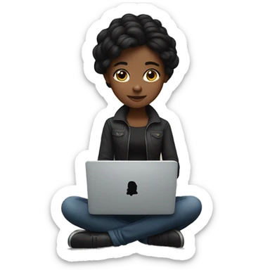 A dark-hair girl working with a laptop with a black heart behind sticker