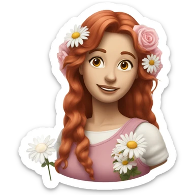 Realistic european woman with longer red  hair with pink roses & white daisies in hair sticker