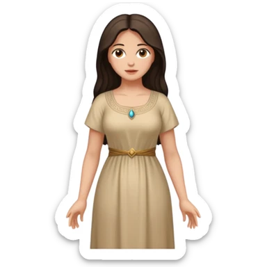 fullbody Mary Magdalene, fit and buxom body, very pretty detailed face, normal height, plain light tan dress, arms down with hands by hips, dark hair sticker