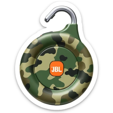 Ultra minimal JBL Clip 4, extremely simplified circular shape with tiny carabiner, just a few green camo spots, small JBL logo, iOS emoji style sticker