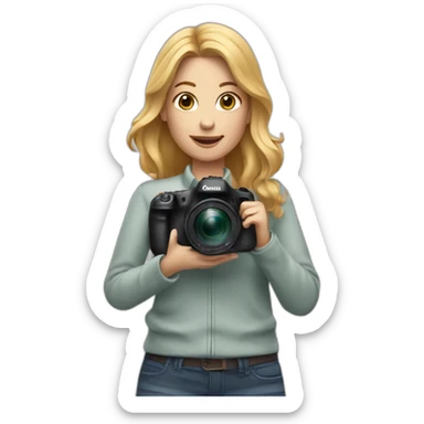 women photographer with honey colored blonde hair holding a camera canon sticker
