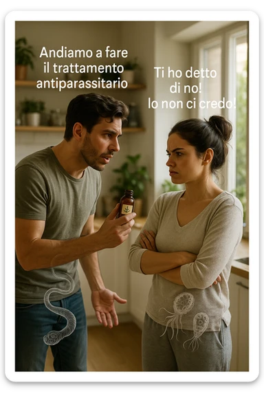 A highly realistic, cinematic photo of a young couple in their early 30s having an argument in a bright modern kitchen. The man, athletic build, wearing a casual T-shirt and jeans, is speaking firmly with a raised hand holding a small amber glass bottle labeled with a subtle herbal symbol, saying 'Andiamo a fare il trattamento antiparassitario' with a determined expression. The woman, with long dark hair tied in a messy bun, casual home outfit, crosses her arms with an angry, defensive expression, replying 'Ti ho detto di no! Io non ci credo!' while slightly turning away. Tension is visible in their body language, with the man leaning forward trying to explain and the woman leaning back, her eyebrows furrowed. Around them, subtle ghostly overlays of microscopic parasites are faintly visible near their abdominal areas, symbolizing the hidden reason for the argument. The kitchen is bright and modern with plants and natural light, contrasting the emotional tension. The style is hyperrealistic with warm tones and shallow depth of field focusing on their facial expressions, illustrating the conflict between belief in natural treatments and skepticism within the couple regarding hidden parasitic infections. in italiano sticker
