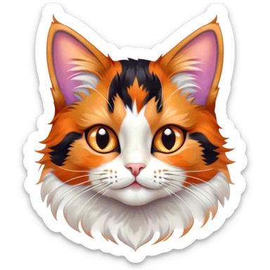 Cinematic Cute Calico Cat Portrait Emoji, Head tilted playfully with sparkling, inquisitive eyes and a charming patchwork fur of orange, black, and white, simplified yet irresistibly adorable, highly detailed, glowing with a warm, inviting glow, high shine, bubbly and affectionate, styled with a touch of whimsical feline charm, soft glowing outline, capturing the essence of a delightfully cute calico cat that looks as if it could prance off the screen into your heart! sticker