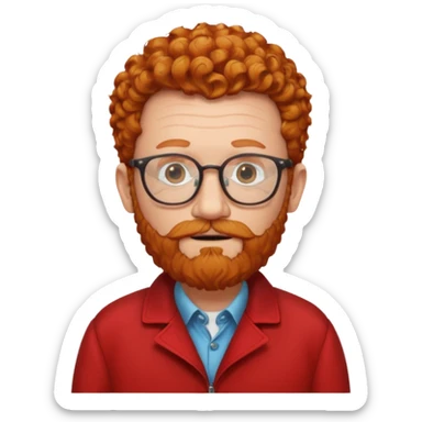 old man, ginger curly short hair, with beard, no mustache, wearing glasses, long face, wearing a red jacket sticker