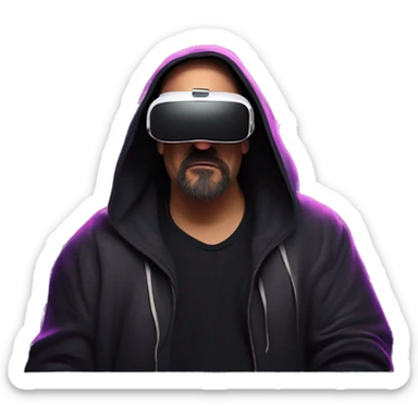Big Lebowski wearing a black hoodie with "OMG" letters on it and VR headset oculus quest 2 in a cyberpunk VR environment with violet neon lighting. Showing direction with hand sticker