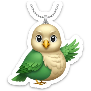 un oiseau classique tout vert avec un collier autour de son cou avec des breloque argentées et un seul poil blond qui fait une petite bouclette sur le front le collier est autour du coup de l’oiseau entre la tête et le corps sticker