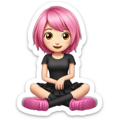 Full body Front view curvy emo girl pink hair sits on the floor straight view hands up black skirt белые трусики полосатые рваные чулки sticker