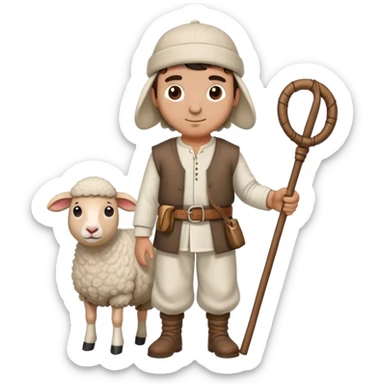 A Turkish shepherd wearing a white felt kepenek, loose shalwar pants, a cloth belt, and a wool cap, holding a wooden staff beside a sheep sticker
