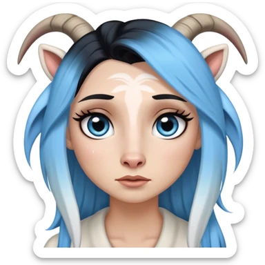 Full body-5 foot 7 inches-White female-big tears-gorgeous face-very very long eyelashes-sky blue eyes with black eyeliner-very very long straight black to sky blue hair ombre-dressed as a goat sticker