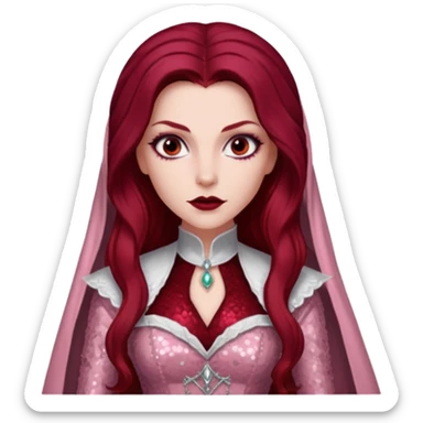 Aleera, Bride of Dracula from Van Helsing with long dark red hair, light pink sequin outfit sticker