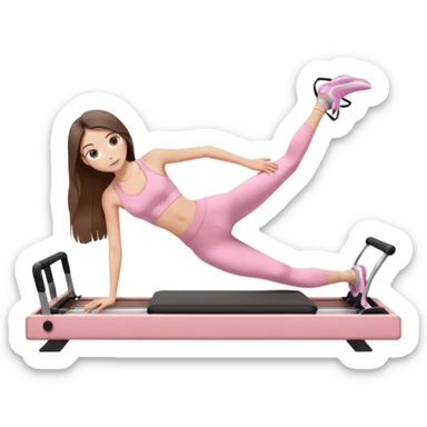 pretty skinny white brunette teen long hair with hazel eyes and a small waist in light pink workout clothes in a plank on a pilates reformer sticker