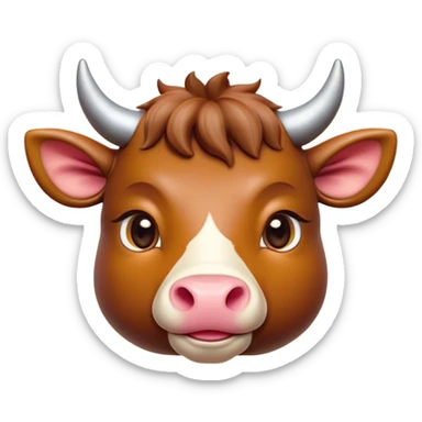 Cinematic Cute Domestic Ox Portrait Emoji, Head tilted playfully and inquisitively, with a robust, compact build and a polished hide adorned with subtle natural patterns, round, sparkling eyes full of gentle curiosity, Simplified yet irresistibly adorable features, highly detailed, glowing with a warm, friendly glow, high shine, affectionate and grounded, stylized with a touch of rustic charm, soft glowing outline, capturing the essence of a mischievous yet loving ox that feels like it could amble out of the screen into your arms! sticker
