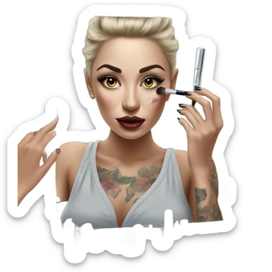 Hyper Realistic Beautiful lightly tattooed woman applying make-up in a mirror  sticker
