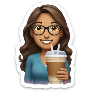 Smiling Hispanic woman with long brown hair wearing glasses holding an iced coffee sticker