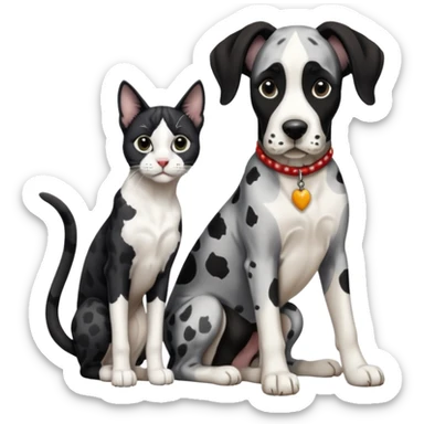 Harlequin great dane dog sitting with a black and white cat sticker