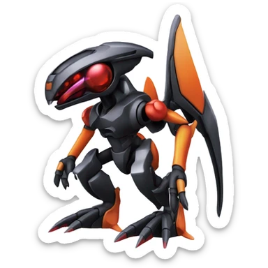 a shiny metallic black-red-orange Genesect-Flygon-Raptor-Fakémon-Medabot-hybrid with a futuristic visor-helmet full body sticker