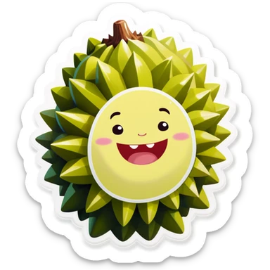 A cute and smiling durian fruit with a whimsical and friendly expression. The durian’s spiky green shell is slightly open, revealing its soft yellow flesh inside. The design is cartoon-like, colorful, and cheerful, set against a light background. The focus is on making the durian look adorable and inviting, with rounded features and a playful vibe. sticker