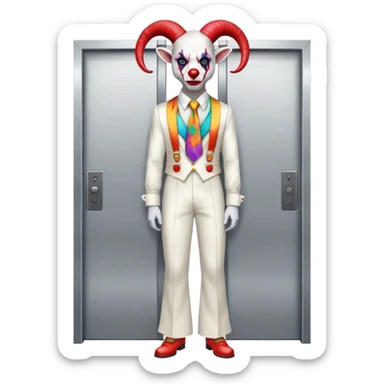 full-body demonic clown in a white leisure suit with bellbottom pants, bald, black ram horns, elevator shoes, flashy belt, ruffled shirt, colorful tie sticker