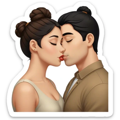 Man with black hair bun kissing woman with long brown hair sticker
