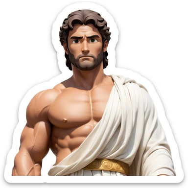 Cinematic Realistic Hercules Portrait, depicted as a classical Greek statue with a robust, muscular build and perfectly chiseled features. His bronze, sun-kissed skin has a timeless, marble-like quality, and his thick, wavy dark hair frames a face exuding determination and quiet nobility. Draped in a flowing white robe with subtle golden accents, the portrait is rendered under dynamic natural lighting that highlights every sculpted detail and evokes the majesty of ancient myth. sticker
