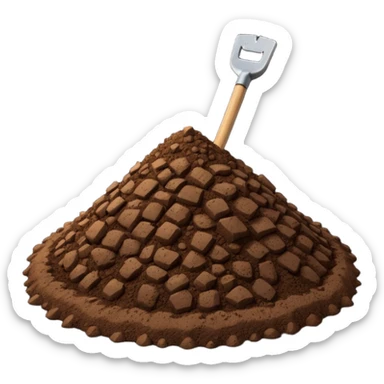A 3D cartoon pile of dark brown soil with a small shovel inserted, rough texture, natural lighting, soft shadow, realistic Memoji-style rendering. sticker