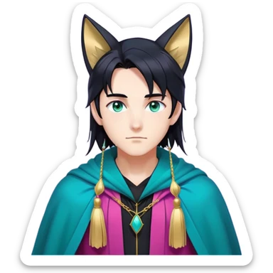 anime man with long-straight-dark-black hair, long black fox ears with pink Scapha, colorful-gradient-brown-turquoise eyes, gold earring, dark-blue-sweater, green cape behind, white pupils, turquoise tassel sticker