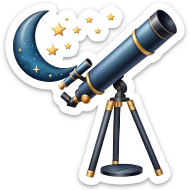 An icon featuring a telescope, stars, and a planet, symbolizing astronomy. The design includes a crescent moon, distant galaxies, and constellations, representing the study of space and celestial bodies. Transparent background highlights the exploration of the universe and cosmic phenomena. sticker