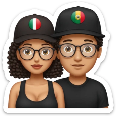 A picture of a cute tanned couple. the man is Mexican, with a bald hair cut wearing a SnapBack hat and a black shirt. the woman is mixed, she has curly longer dark brown hair, thicker and with big boobs and the woman has glasses sticker