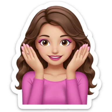 girl with long wavy brown hair, brown eyes, long lashes, sexy pink lips, light to medium complexion, wearing a pink sexy top, smiling, hands covering the eyes sticker