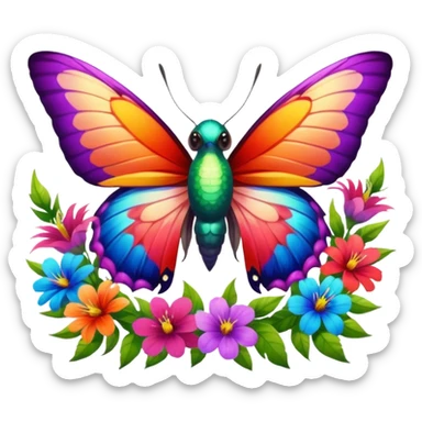 La la mañana se alegra entre flores y praderas ve avanzar mariposa bella y majestuosa entre colibrís sticker